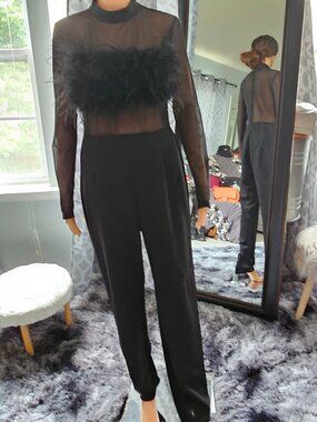 SHEIN Mock‑Neck Mesh Feather Trim Jumpsuit – Black Sheer Long Sleeve – Size L